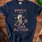 Dark blue t-shirt with distressed graphic of a screaming opossum and text "PANIC IS A FREE ACTION".