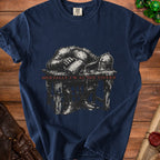 Navy t-shirt with drawing of armored knight resting with mug. Text: "Mentally I'm at the Tavern."