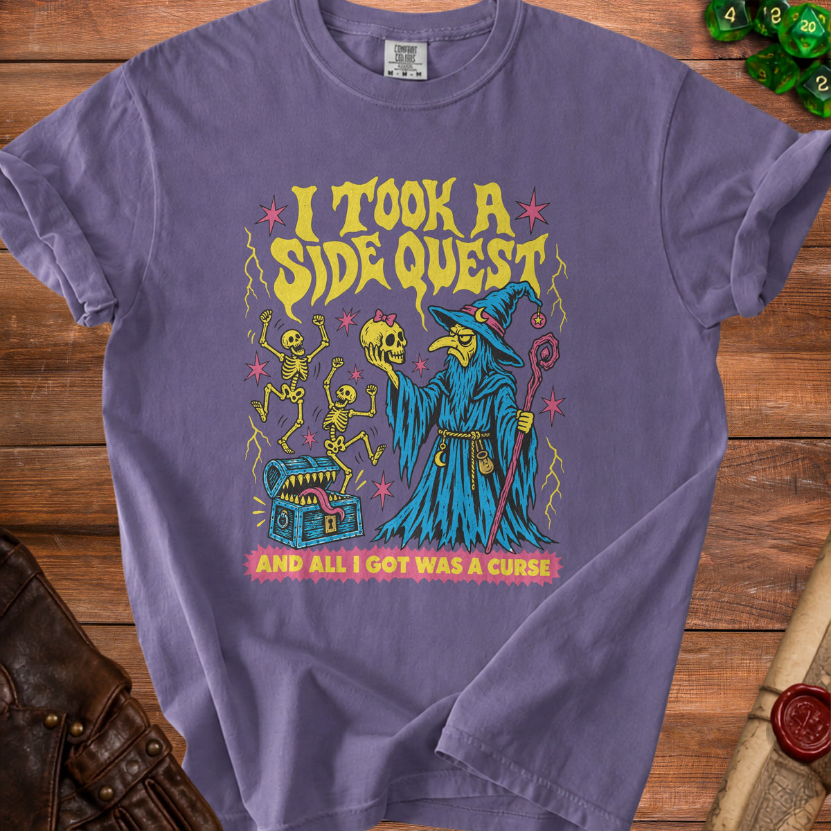 T-shirt with "I TOOK A SIDE QUEST AND ALL I GOT WAS A CURSE" text and fantasy art.