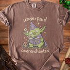 Brown t-shirt with a cartoon goblin wizard reading a book, text says "underpaid overenchanted".