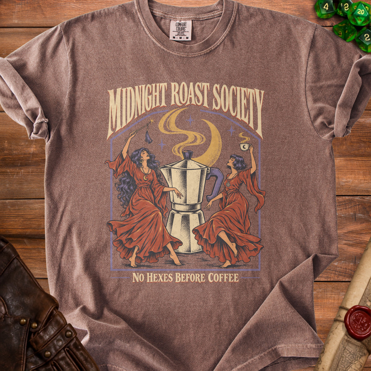 T-shirt with "Midnight Roast Society" and "No Hexes Before Coffee" text.