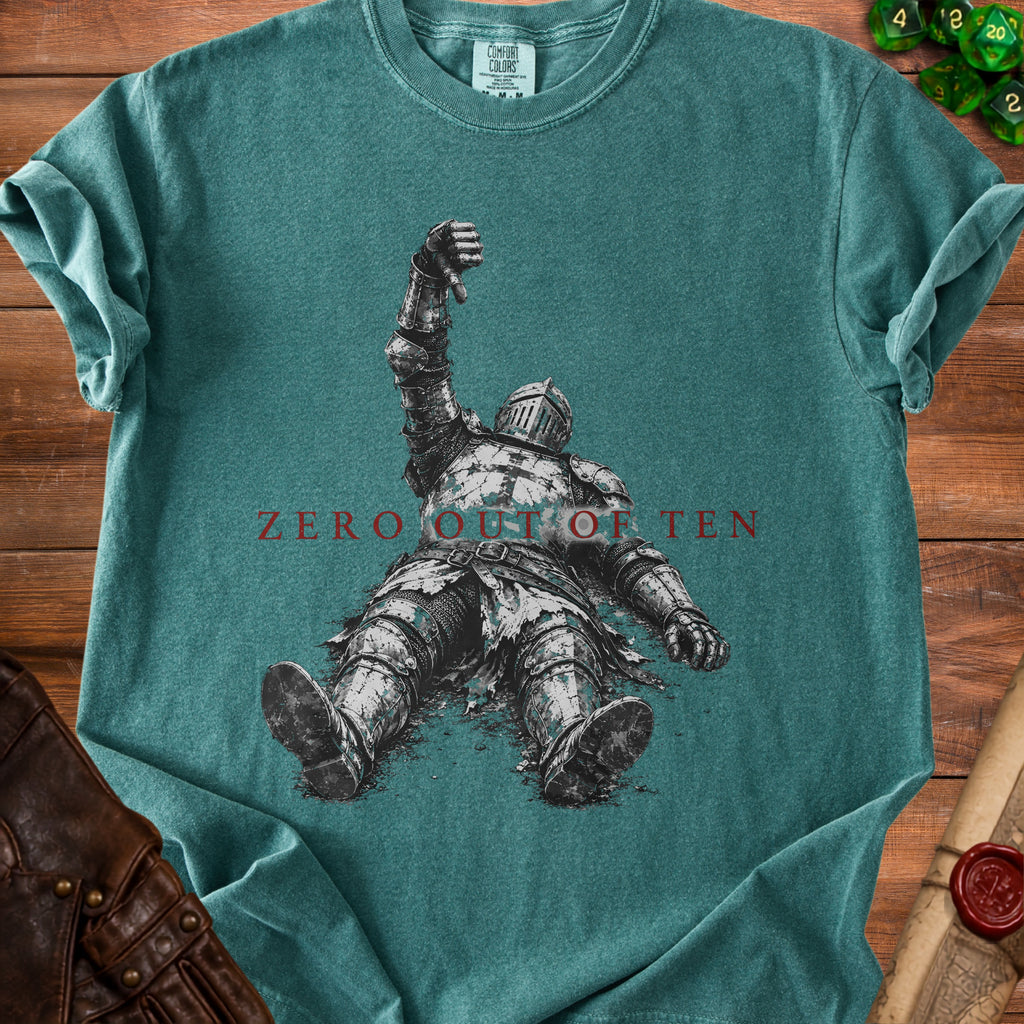 Green t-shirt with distressed knight graphic and "ZERO OUT OF TEN" text.