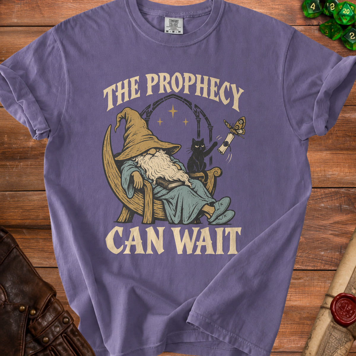 Wizard with black cat, holding scroll, with text "THE PROPHECY CAN WAIT"