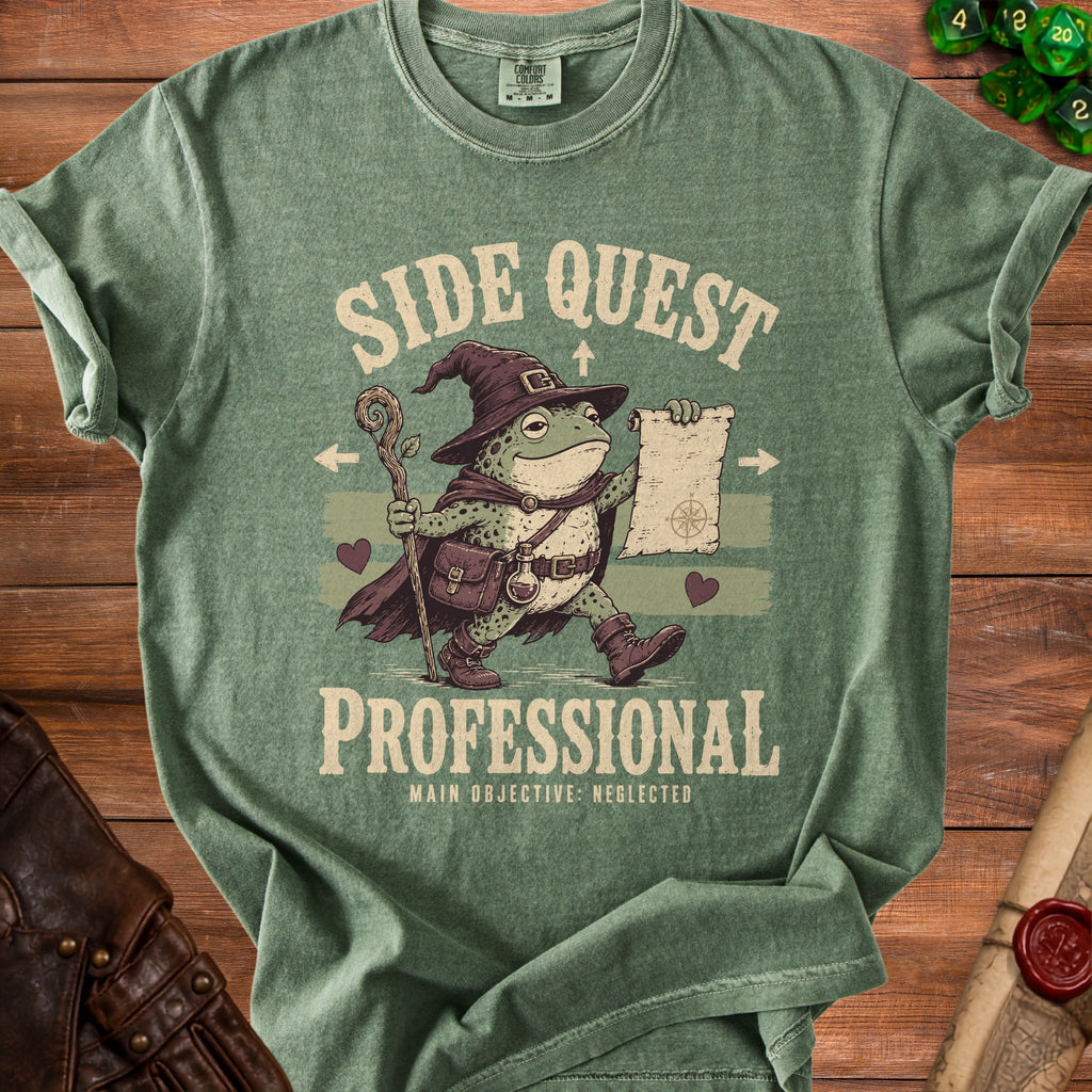 Green t-shirt with wizard frog graphic and text "Side Quest Professional Main Objective: Neglected."