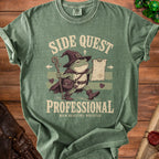 Green t-shirt with wizard frog graphic and text "Side Quest Professional Main Objective: Neglected."