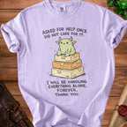 Light purple t-shirt with cartoon monster on boxes, text "I will be handling everything alone, forever, thank you."