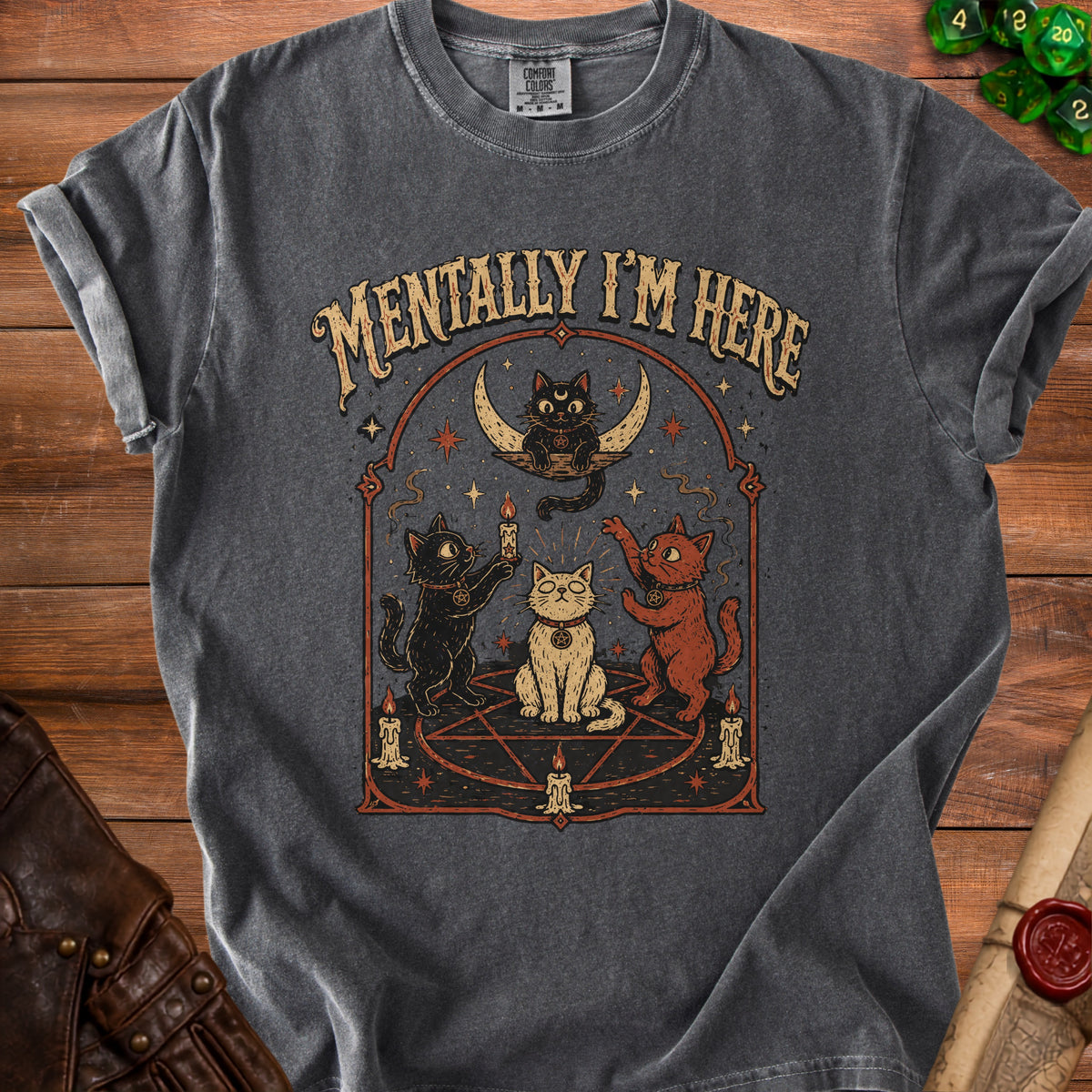 Graphic tee with "Mentally I'm Here" text and cats around a pentagram.