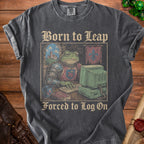 Gray t-shirt with medieval frog knight at computer, "Born to Leap Forced to Log On".