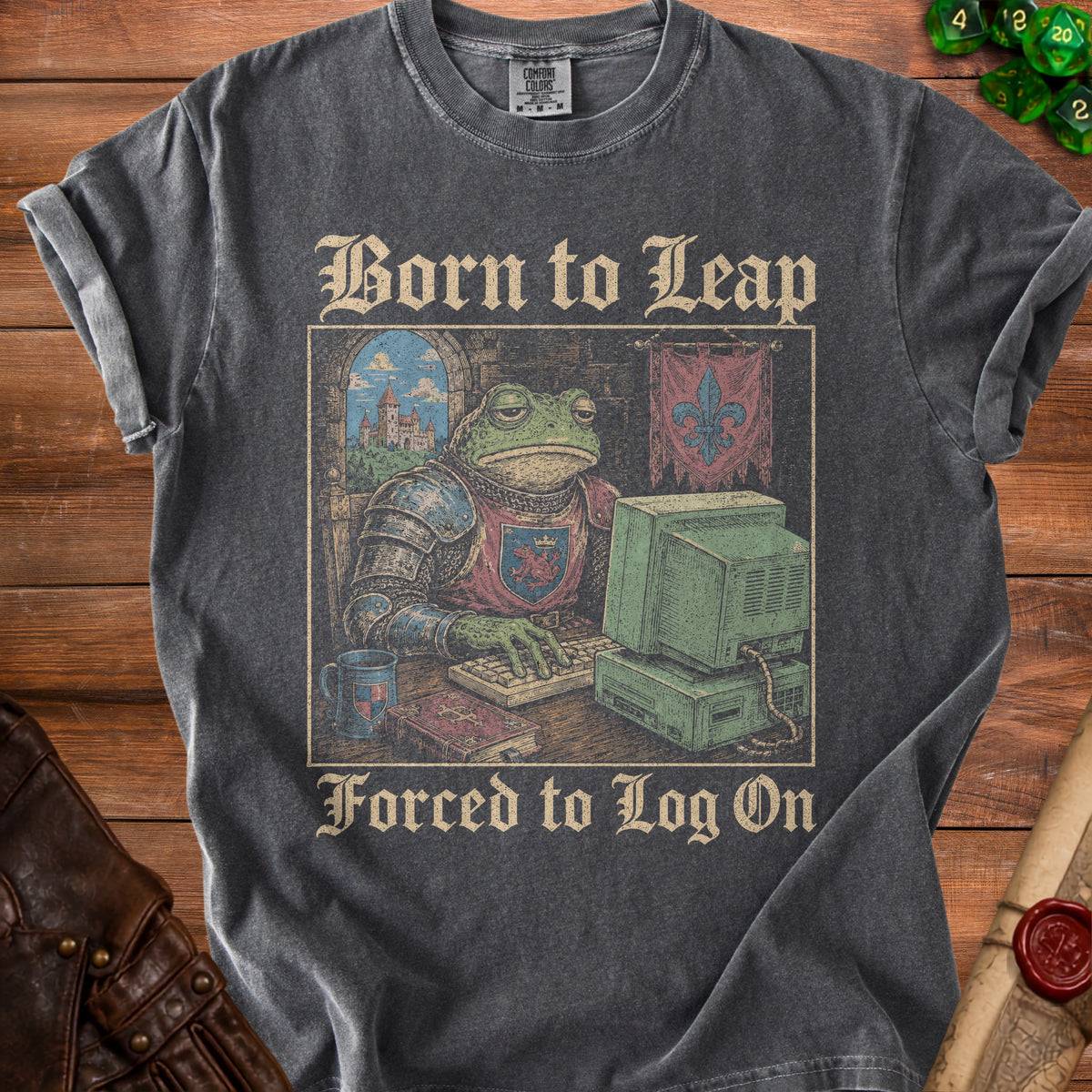 Gray t-shirt with medieval frog knight at computer, "Born to Leap Forced to Log On".
