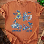 Orange t-shirt with "Per My Previous Raven" text and fantasy character illustrations.