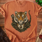 Tiger adventurer with bow and arrows, wearing a d20 dice necklace.