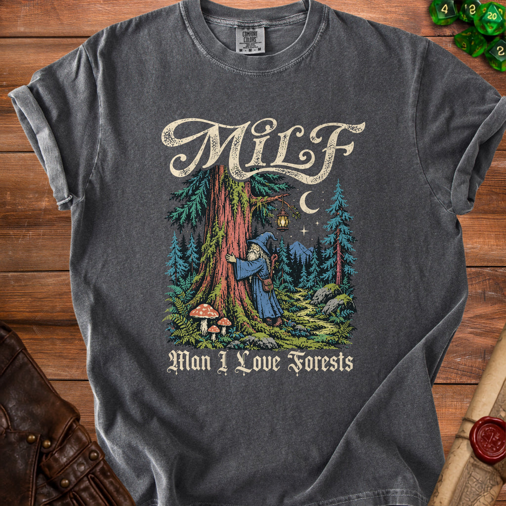 Dark gray t-shirt with a forest scene featuring a wizard and text "Man I Love Forests".