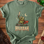 Green t-shirt with a cartoon frog holding a sword and the word "HUZZAH".
