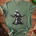 Green t-shirt with knight graphic and red text that reads "WHY, THOUGH".