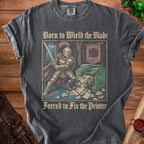Knight with sword confronts printer with crumpled paper, text "Born to Wield the Blade".