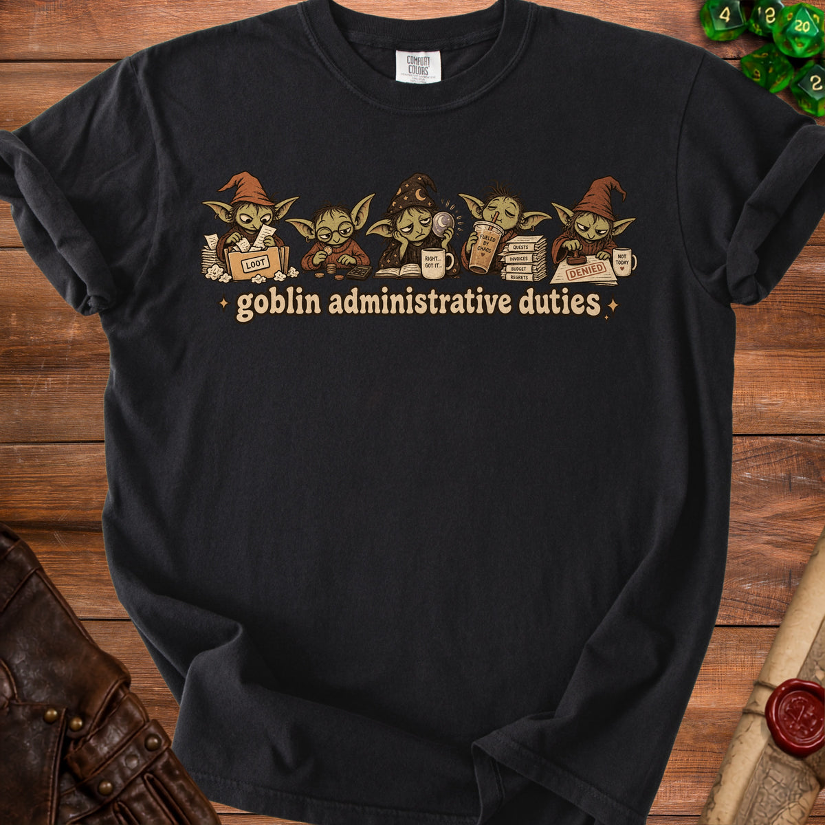 Five goblins perform administrative duties with items like loot boxes, calculators, and denied stamps.