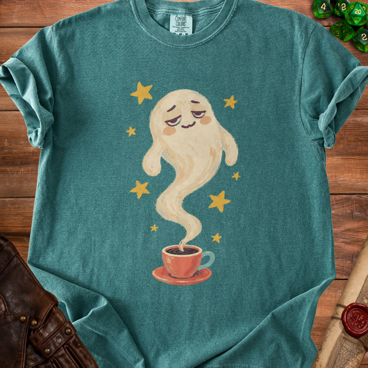 Green t-shirt with a cartoon ghost holding a steaming coffee cup and stars.