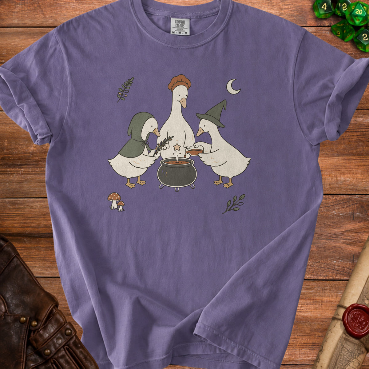 Three cartoon geese are making a potion in a cauldron under a crescent moon.