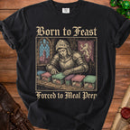 Knight in armor prepares meals in plastic containers, text reads "Born to Feast, Forced to Meal Prep."