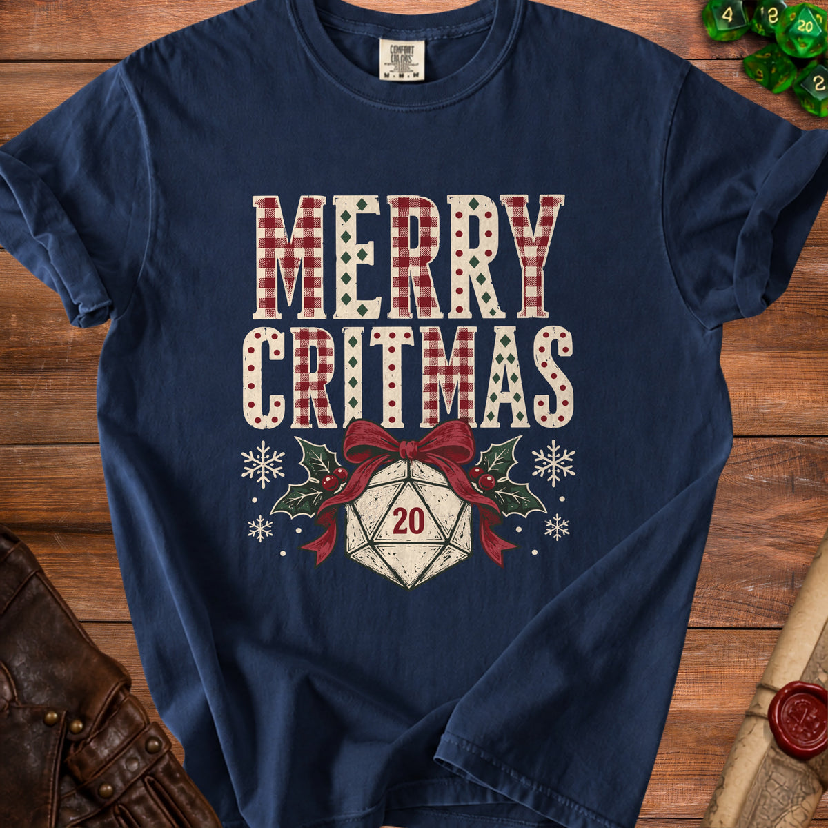 Navy t-shirt with "Merry Critmas" text and a D20 die.