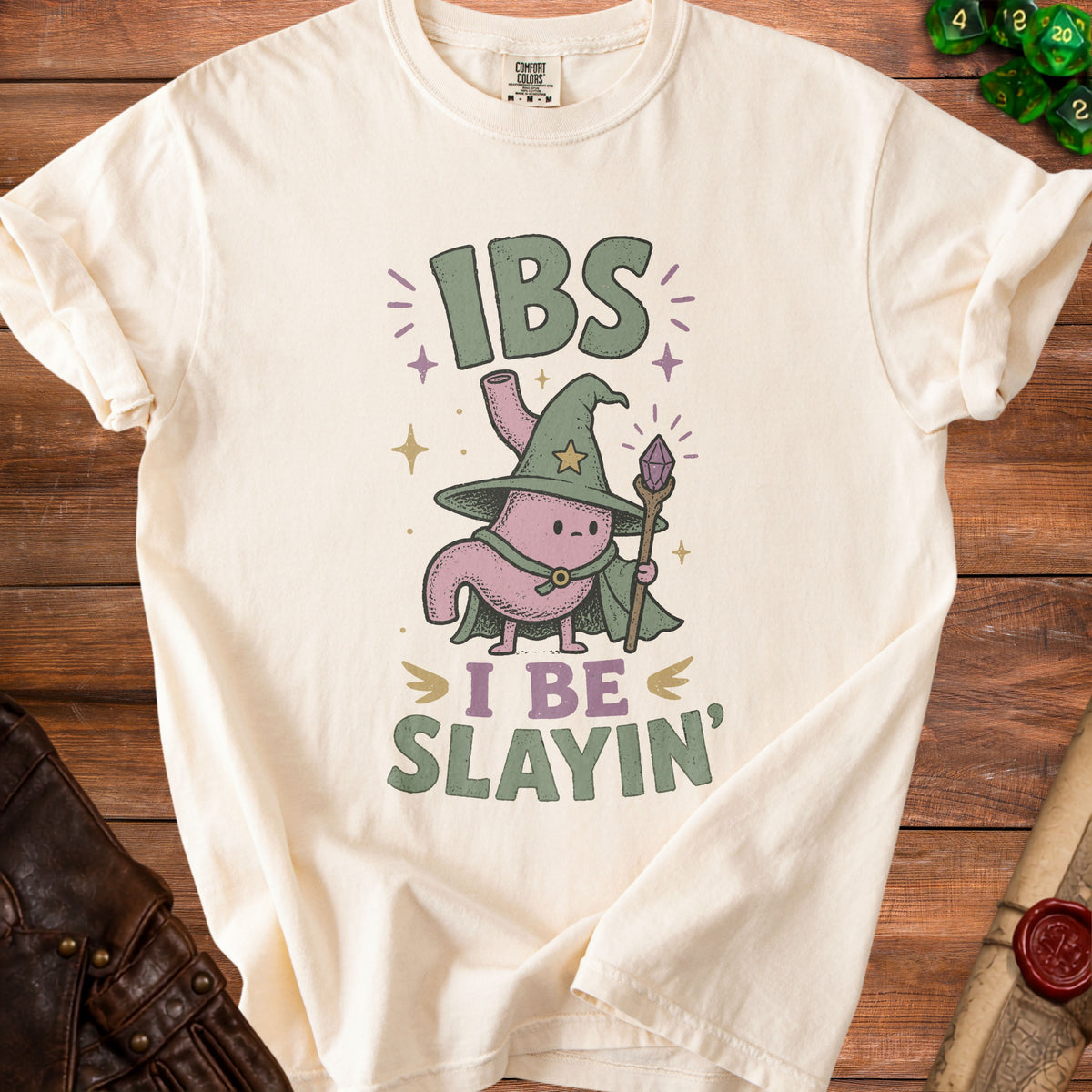 Cream shirt with wizard stomach graphic saying "IBS I BE SLAYIN'"