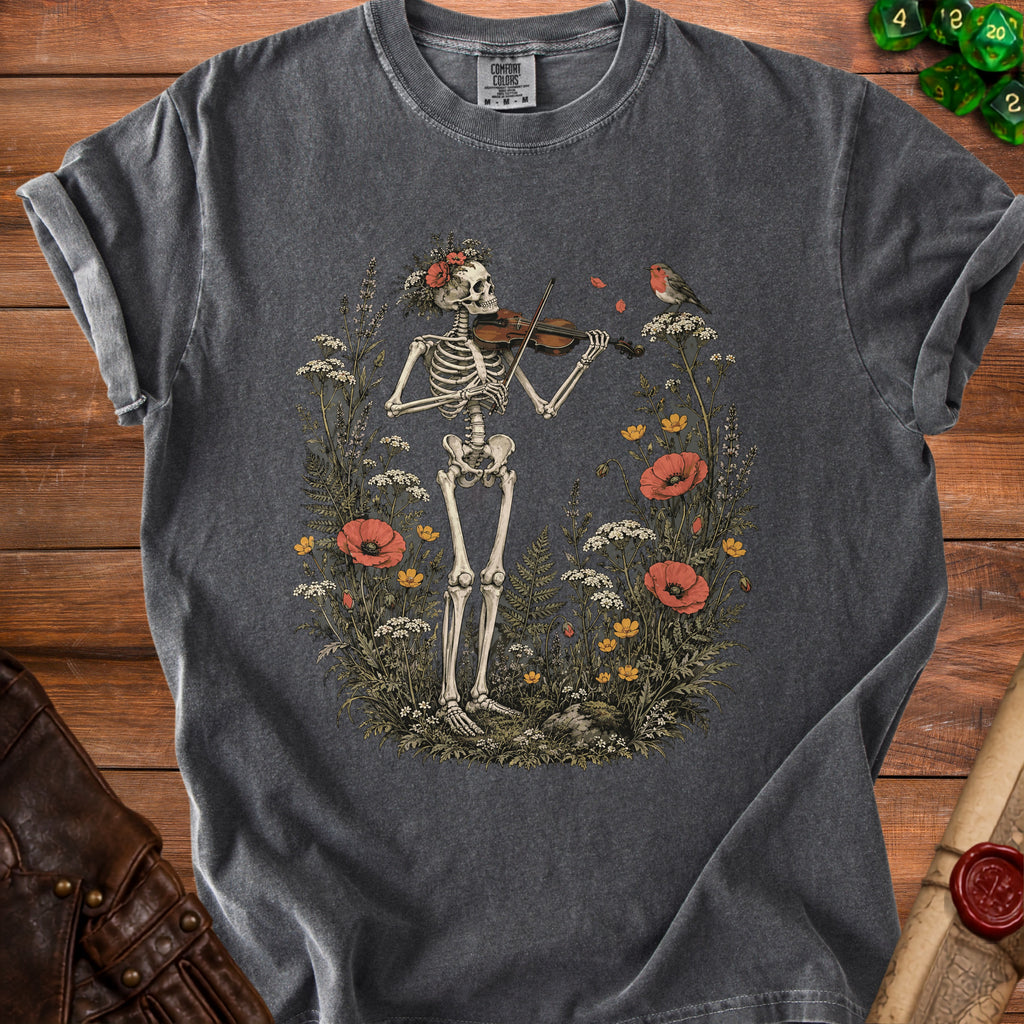 Skeleton playing violin surrounded by flowers and a robin.
