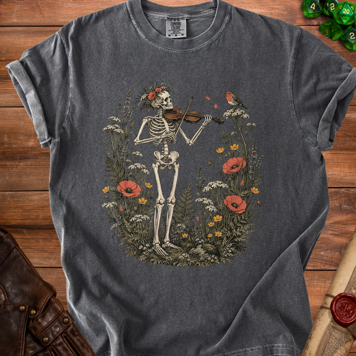 Skeleton playing violin surrounded by flowers and a robin.