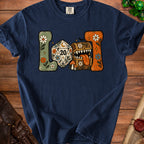 Navy t-shirt with retro graphic of dice, treasure chest, and flowers.