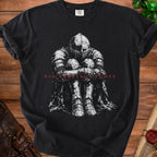 Black t-shirt with distressed knight artwork and text "BIG FEELINGS TODAY".
