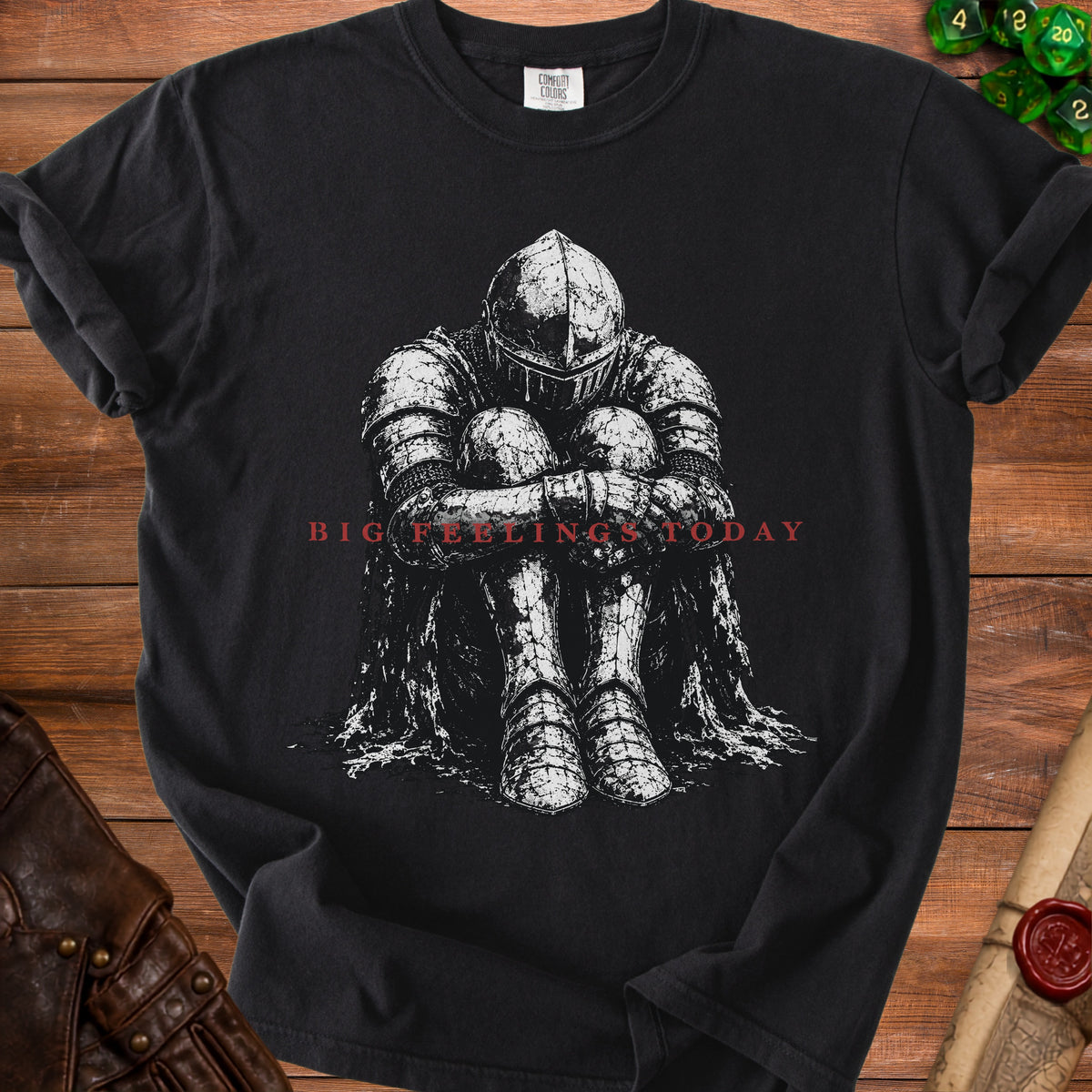 Black t-shirt with distressed knight artwork and text "BIG FEELINGS TODAY".