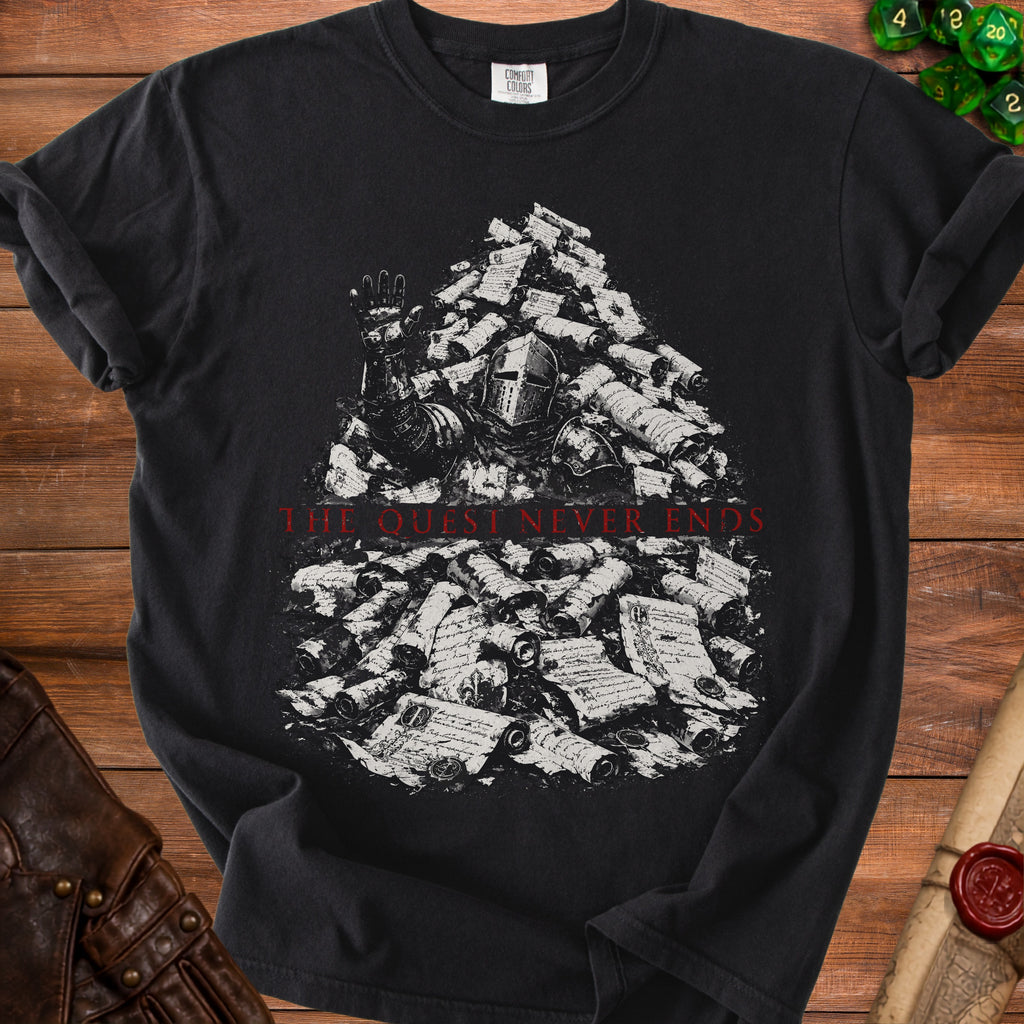 Black t-shirt with knight in scrolls and text "THE QUEST NEVER ENDS"