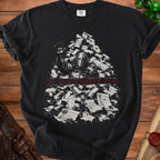 Black t-shirt with knight in scrolls and text "THE QUEST NEVER ENDS"