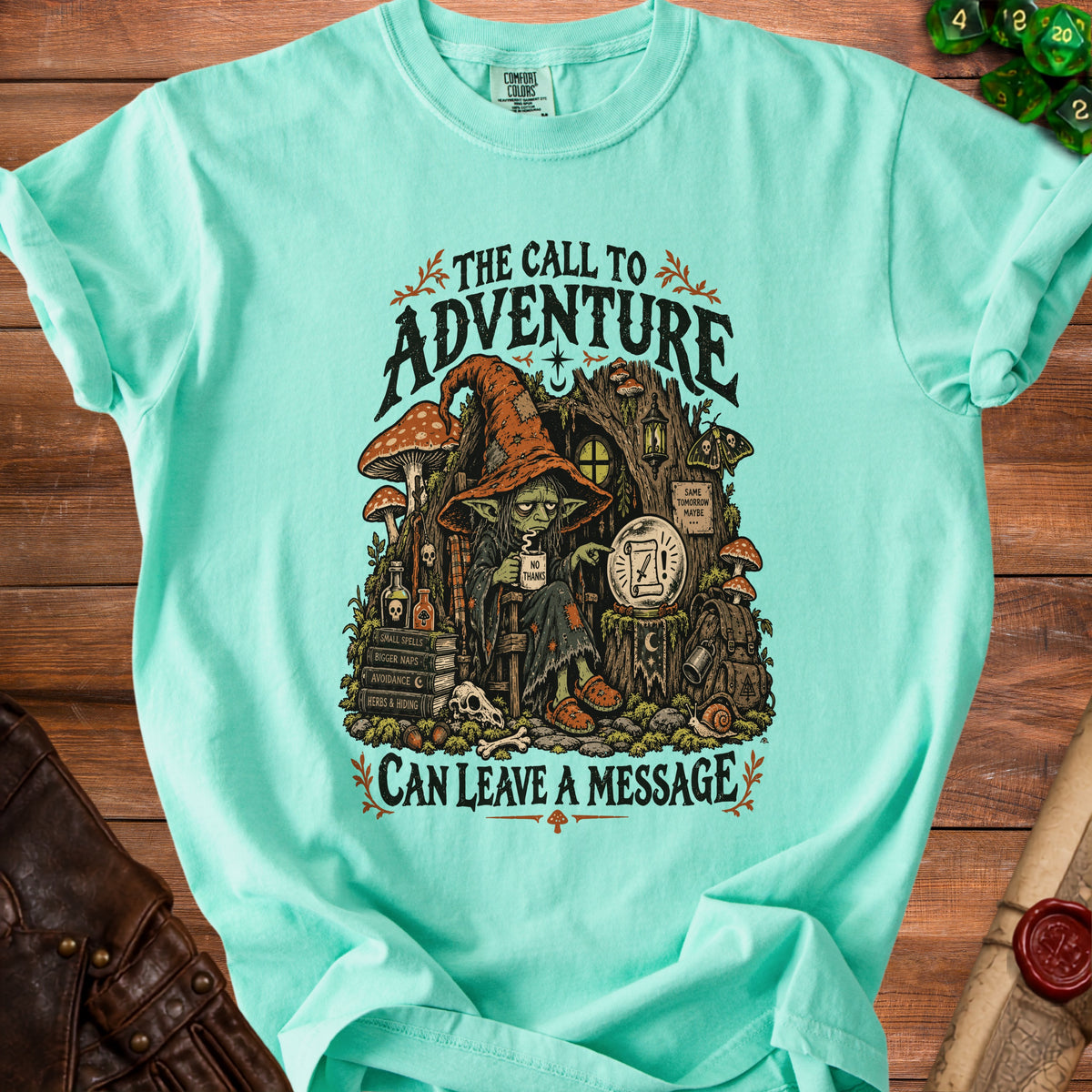 The Call to Adventure can leave a message tee with goblin illustration.