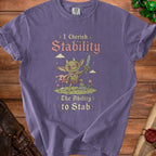 Purple t-shirt with cartoon goblin holding sword, text "I Cherish Stability The Ability to Stab".