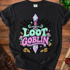 Black t-shirt with "Loot Goblin" text, sword, mushrooms, and coins graphic.