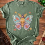 Green t-shirt with moth wearing wizard hat and surrounded by stars.