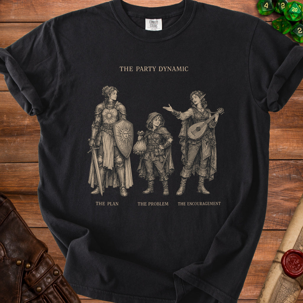 Black t-shirt with "The Party Dynamic" art: The Plan, The Problem, The Encouragement.