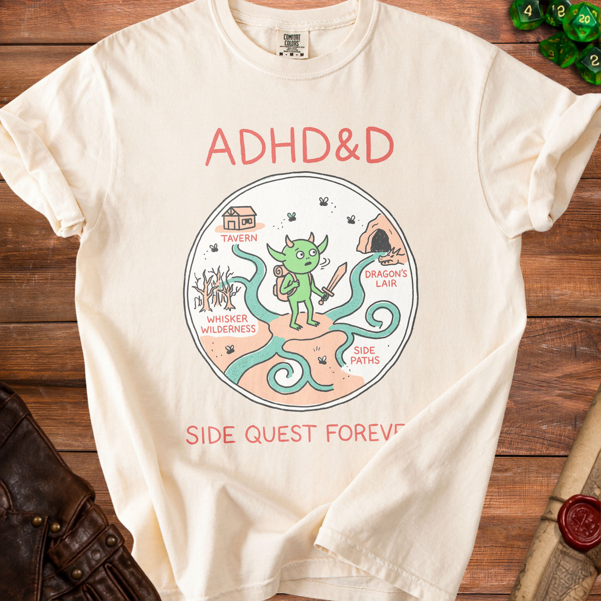 ADHD&D graphic with goblin, tavern, dragon's lair, and text.
