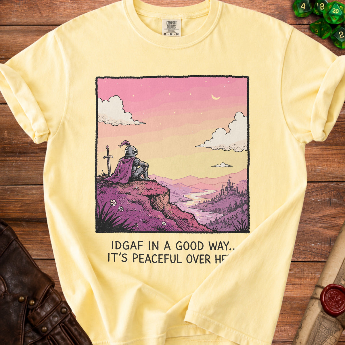 Yellow t-shirt with knight graphic: "IDGAF IN A GOOD WAY.. IT'S PEACEFUL OVER HE"