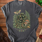 Charcoal t-shirt with a D20 die surrounded by forest elements and a moth.