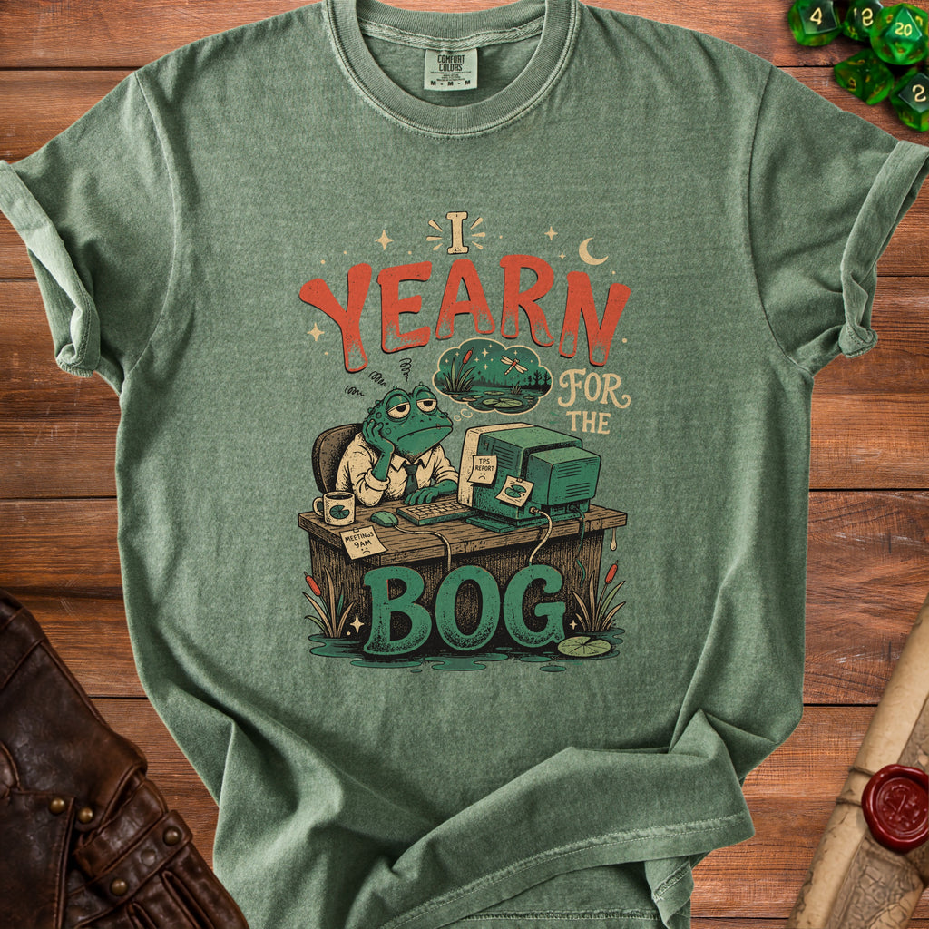 Green t-shirt with frog at desk saying "I yearn for the BOG".