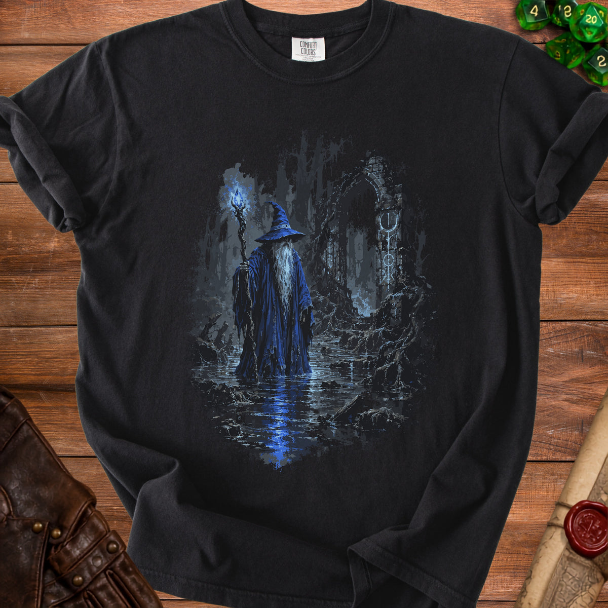 Wizard in blue robe stands in swamp holding glowing staff with arcane ruins behind.