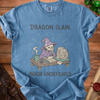 Blue t-shirt with skeleton wizard, overflowing inbox, and text "Dragon Slain, Inbox Undefeated".