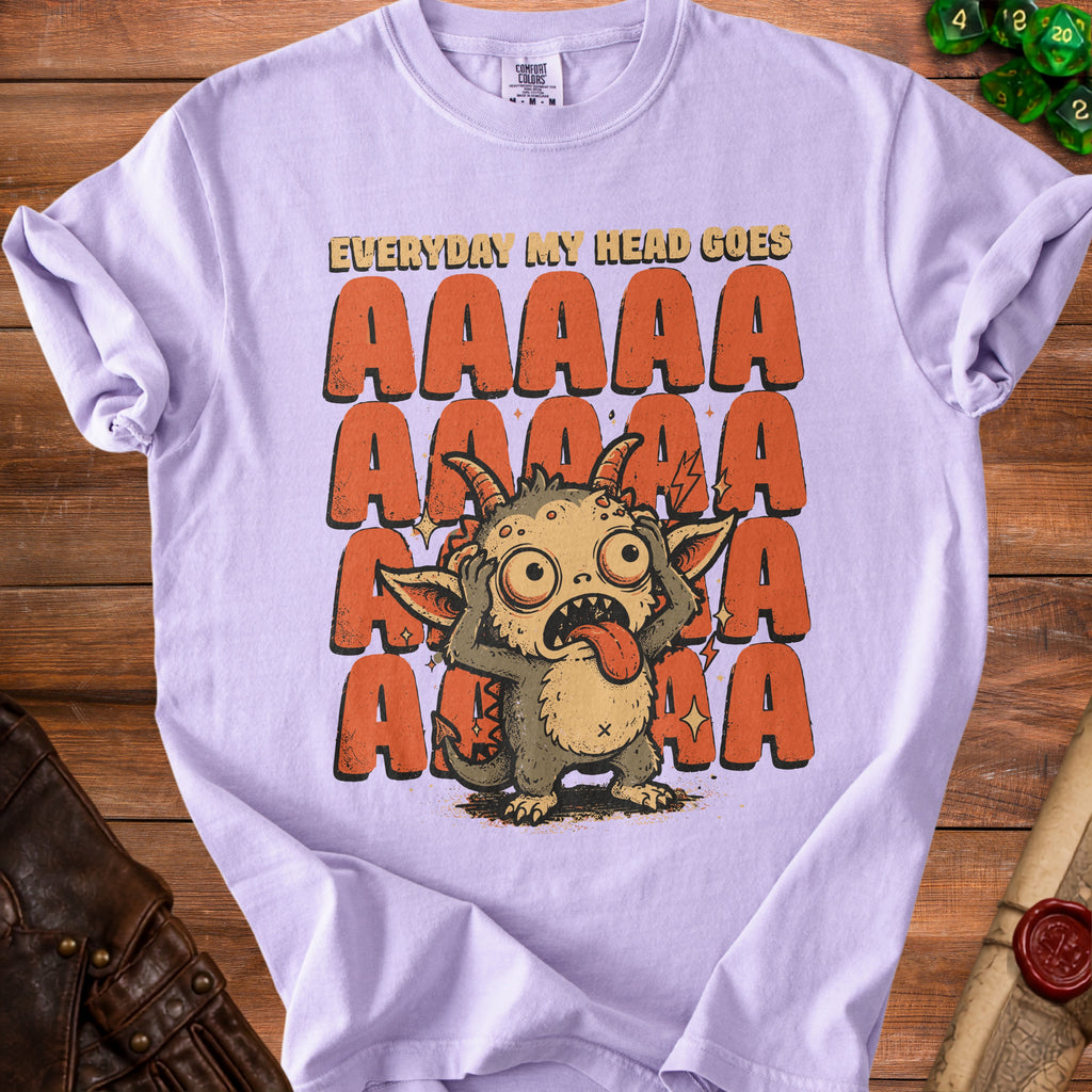 Lavender t-shirt with a creature and "EVERYDAY MY HEAD GOES AAAAA" text.