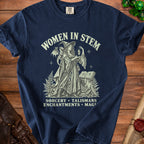 Women in STEM t-shirt with witch, dragon, and magic symbols, and text.