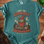 Teal t-shirt with a frog wizard graphic saying "Off to Commit Shenanigans".