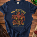 Navy t-shirt with a red dragon lifting weights, text says "Hoard the Gains Dragon Lifting Club".
