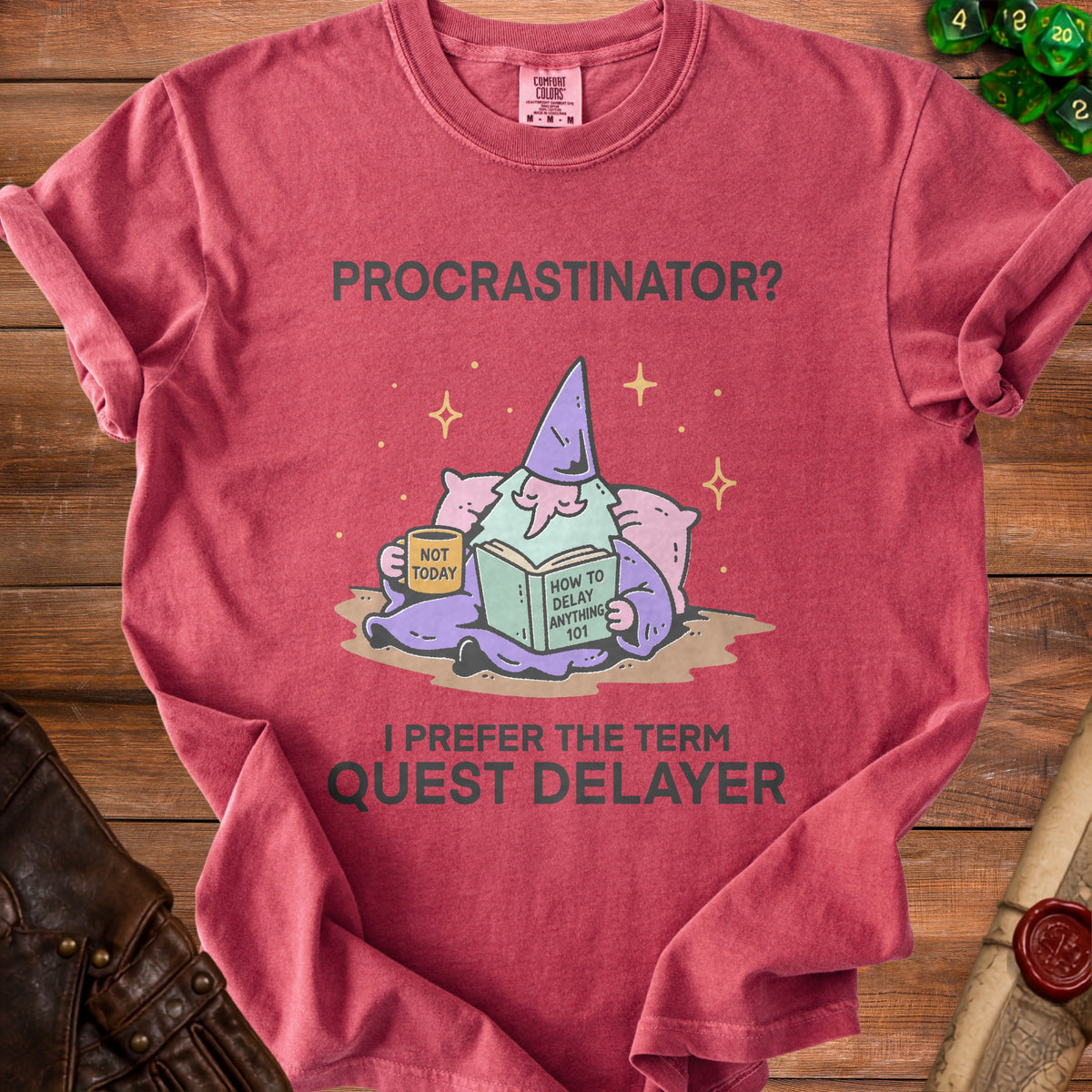 T-shirt with graphic of wizard and text "Procrastinator? I prefer the term quest delayer".
