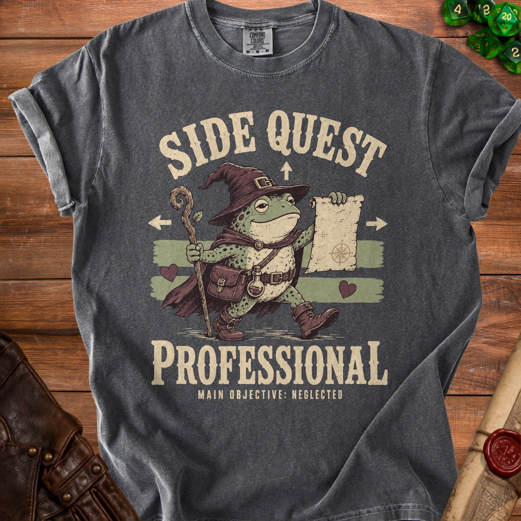 Frog wizard holding scroll with "Side Quest Professional" text and "Main Objective: Neglected".