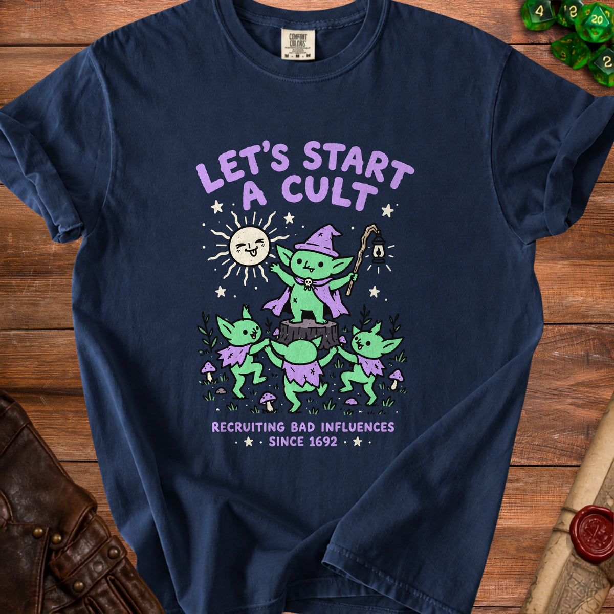 Dark blue t-shirt with "Let's Start A Cult" and goblins graphic.